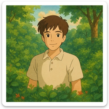 Tom, Ghibli-inspired, surrounded by nature, lush greenery, warm and inviting look sticker