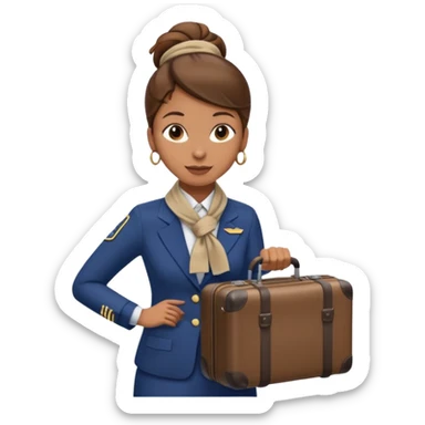 flight attendant, Light Brown skin, brown hair in single bun, neck scarf, suitcase sticker