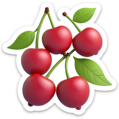 3d emoji of a cherry with two cherries and a leaf, matte red cherries with silver stems and dark green leaves, realistic texture and lighting sticker