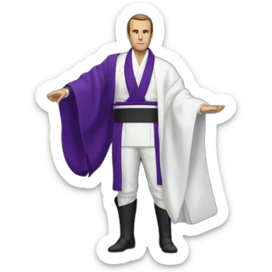 Macron avec kimono blanc de jbb et ceinture violette sticker