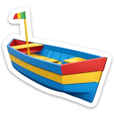 Child designed and operated Brightly painted Cardboard  boat with straight sides, very basic design pointed on one end, flat blunt square rear end  sticker