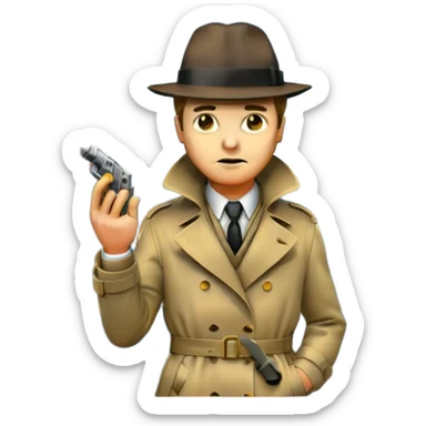 Vintage detective movie poster-style emoji. A classic noir scene with a detective in a trench coat and fedora,crime scene tape, and a smoking gun. A shadowy cityscape in the background with dim streetlights and fog. Dramatic lighting and a retro cinematic feel. Transparent background. sticker