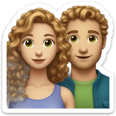 Couple. beautiful girl with light brown long curly hair and green eyes. Handsome white man with brown curly hair and BLUE eyes sticker