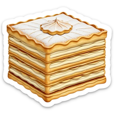 Cinematic Realistic Mille-Feuille Dessert Emoji, depicted as layered puff pastry with rich cream and a dusting of powdered sugar rendered with intricate textures and elegant, soft lighting. sticker