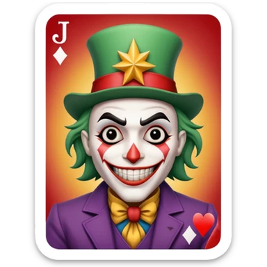 1 poker card, perfectly squared card, with crazy colorful human jolly joker inside, magic star symbol with a "J" sticker