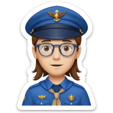 scout boy long hair spectacled blue uniform with cap very unique looking sticker