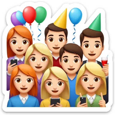 Party quiz with happy people no phone writing blocks empty eyes sticker
