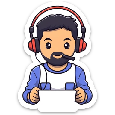 laughing man with black hair, brown eyes, black beard wearing gaming headset sticker