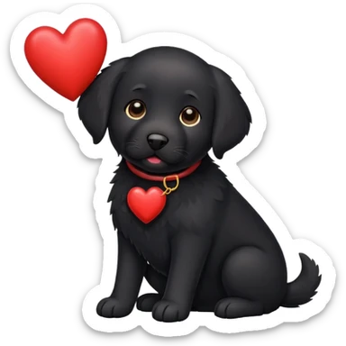Black lab holding a heart sticker