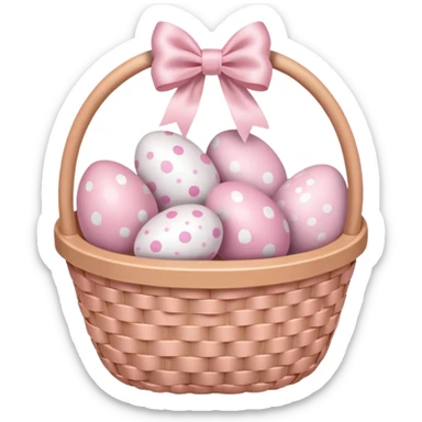 white basket full of light pink easter eggs with a light pink bow sticker