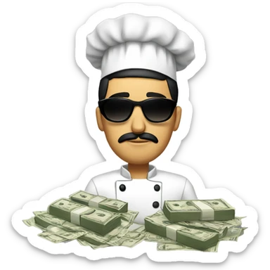 mexican men with black sunglasses, black short hair, dressed as chef, very sad, with dollars in one hand and food on the other sticker