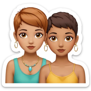 Puerto Rican fair skin straight brown pixie cut hair with hoop earrings make up and my best friend caramel colored pixie cut with jewelry and makeup on her face besties side-by-side sticker