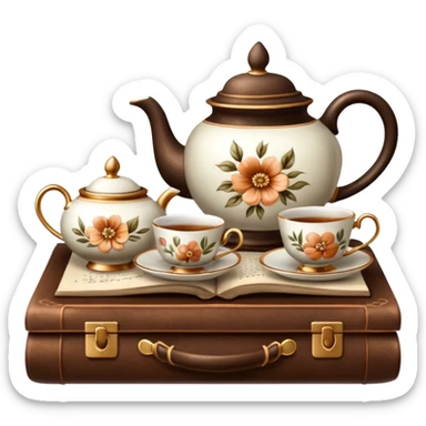 A beautiful vintage tea set stands on a brown book sticker