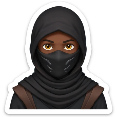 desert assassin portrait, head and shoulders only, dark hood, face scarf, mysterious glowing eyes, stealth vibe, 3D cartoon, mobile game icon style, clean background, no text, no watermark
 sticker