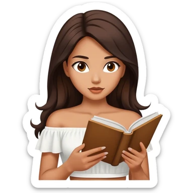 Beautiful woman in 1950’s woman fashion look, off-shoulder white shirts crop top, long dark brown hair, reading sticker