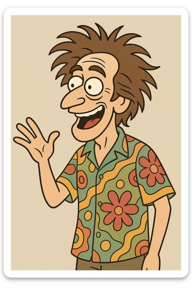 Shimmy Jimmy from the movie Blended, energetic, wild hair, colorful shirt, expressive face, cartoon style sticker