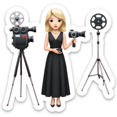 an actress standing on a red carpet with a formal dress, with a film camera next to her. sticker