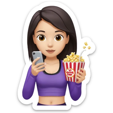 Brunette light skin girl with black sports bra and grey sweatpants on her phone while eating popcorn from a purple popcorn bag sticker