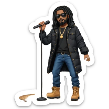 African American man with shoulder length black dreadlocks with black beard wearing dark black sunglasses wearing a black bubble coat wearing denim skinny jeans and timberland boots rapping into a microphone on stage sticker