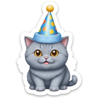 British shorthair blue cat happily wears a birthday hat sticker