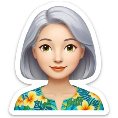 A woman with light complexion, an oval face with soft rounded features, full cheeks, gentle almond-shaped eyes with subtle smile lines, silver-gray hair parted to the side and styled loosely, wearing a vibrant tropical print blouse in blue, green, and yellow, exuding warmth and joy. sticker