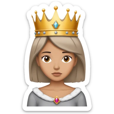 A woman in a simple outfit, holding a fallen crown, dull expression, gray background. sticker