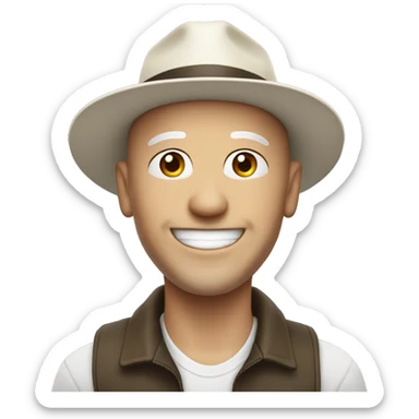 smiling white bald man outdoors with hat sticker