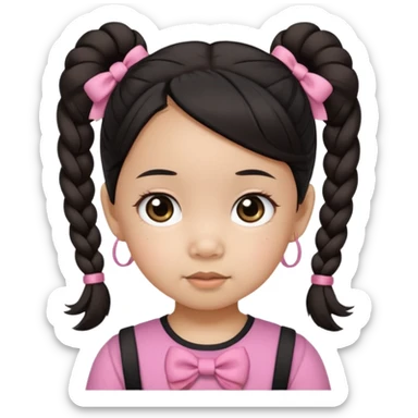 mixed toddler girl asian and american with bow pigtails, dark brown/black hair with big brown eyes emoji sticker