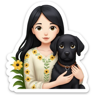 A girl with long black hair is holding a black Labrador in the flowers sticker