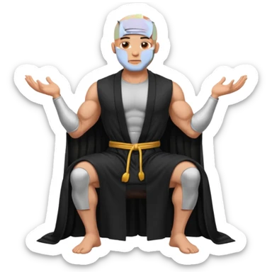 fullbody jacked bald guy, sleeveless and unbuttoned in full black robe sitting sticker