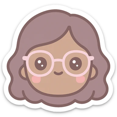 emoji de mujer linda de tez morena clara, rostro redondo u ovalado, ojos marrones, cabello ondulado marrón, labios medianos y gafas, estilo kawaii sticker
