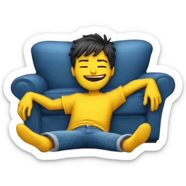 A person lying on a sofa, legs crossed with hands behind the head, relaxing in a cozy setting, yellow emoji color skin, Ed Hardy t-shirt, blue jeans sticker