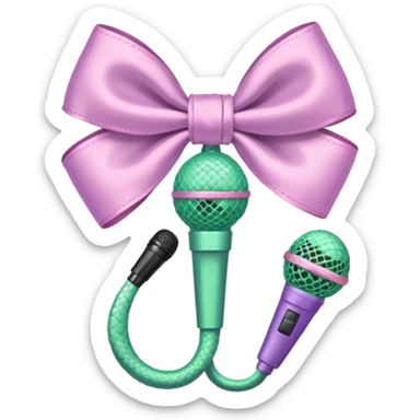 A pastel pink bow with a pastel green snake on the top of one side and a pastel purple microphone on the bottom of the other side sticker