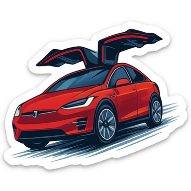 red Tesla Model X with falcon doors open, moving left to right, angled upward, modern illustration sticker