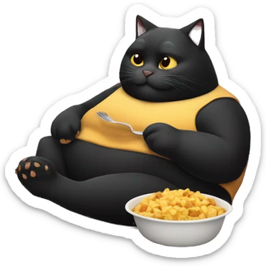 fat black cat sitting on a couch eating food sticker