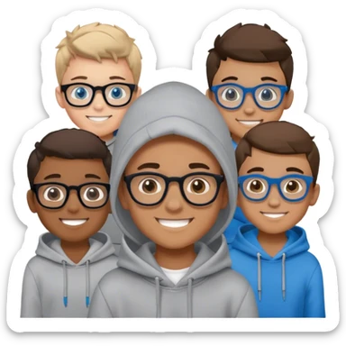 boys in grey hoodies smiling middle has black thick frame glasses and blue eyes sticker