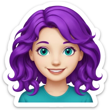 A girl with vibrant purple wavy hair, smiling face, teal eyes sticker