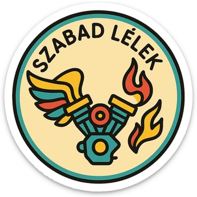 circular motorcycle cap design with the Hungarian phrase 'Szabad Lélek', featuring motorcycle motifs like wing, motor, flame, spiritual style sticker
