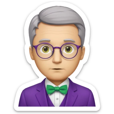 ellow-skinned man with neatly parted brown-gray hair, thick rectangular eyebrows, large round eyes behind thin glasses, a pointed nose, and a green suit with a white collar and purple bow tie. sticker