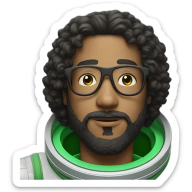 Man with black short curly hear and beard and glasses wearing a green and white astronaut suit sticker