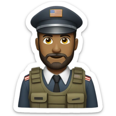soldier with a beard, a part in hair, a white collared shirt, a bow tie, bulletproof vest with an american flag sticker