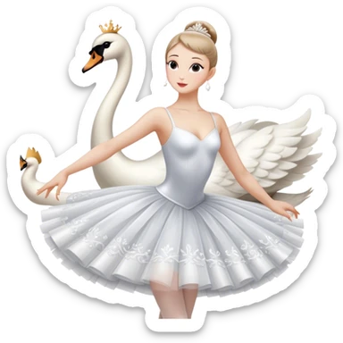 Icon for Ballet: a scene from Swan Lake, with a ballerina in a white tutu performing an elegant pose, surrounded by dramatic stage lighting and swan motifs. The icon should evoke the grandeur of the Bolshoi Theater stage. Transparent background. sticker