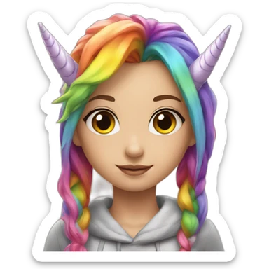 Girl with unicorn horn, and rainbow gair sticker