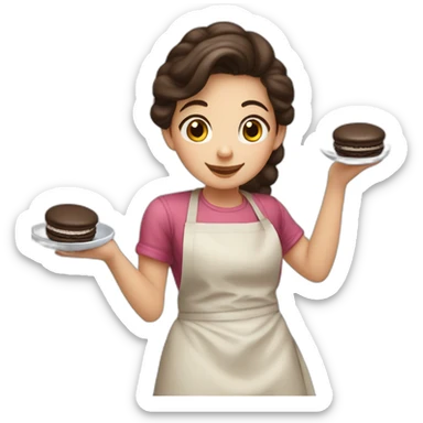 girl with dark brown hair in apron makes macaroon sticker