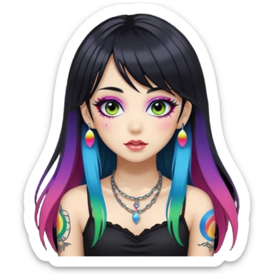 hime gyaru girl, long black hair with rainbow fringe, tattoos, dark makeup, goth grunge clothes sticker