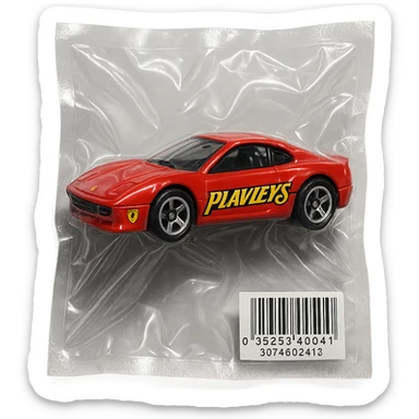 red Ferrari in Hot Wheels packaging, 'PLAVLEYS' in stylized racing script on the door, glossy vacuum-sealed style sticker