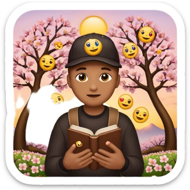 An emoji that loves emojis, holding an iphone with all of their thousands of emojis. They are sat between the setting sun and a cherry blossom tree reading a book on emojis. They have seven heads like a hydra and each head has a different baseball cap on, each with a different emoji on it.  sticker