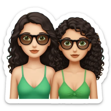 Two besties on the beach, black sunglasses, 1: long ironed straight darkbrown hair, green eyes, 2: long curly darkbrown hair, brown eyes  sticker