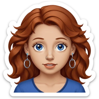 Create a custom emoji-style character inspired by a woman with medium length, wavy reddish-brown hair, light skin tone, dark blue eyes, a nose piercing on each nostril, and hoop earrings. Emphasize a mischievous expression. sticker