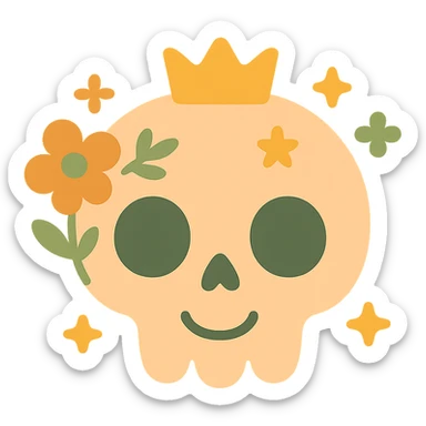A cute, stylized skull with a friendly and whimsical vibe, designed in a soft and magical color palette: golden orange (FA9B41), forest green (4A7C5C), muted taupe brown (96775A), and pastel peach (FFCC9A). The skull has rounded, non-threatening features with expressive, oversized eye sockets and a gentle smile. It’s adorned with delicate floral patterns or tiny stars in the given colors, and perhaps a small crown or ribbon in peachy hues. The background is soft and glowing, creating a cozy, enchanting atmosphere. The overall mood is cute, calm, and a little bit magical. sticker